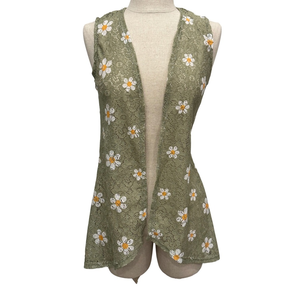 Sweet Stories Girls Sage Green Floral Lace Daisy Open Front Vest Size 14 L